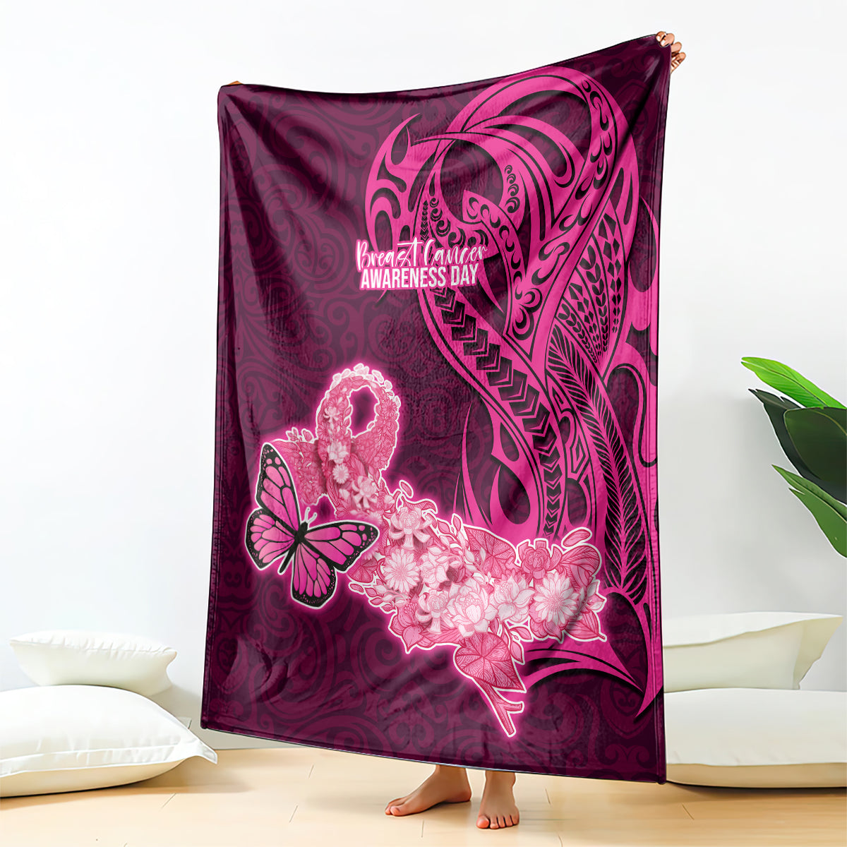 Polynesia Breast Cancer Blanket Butterfly and Flowers Ribbon Maori Tattoo Ethnic Pink Style LT03 Pink - Polynesian Pride