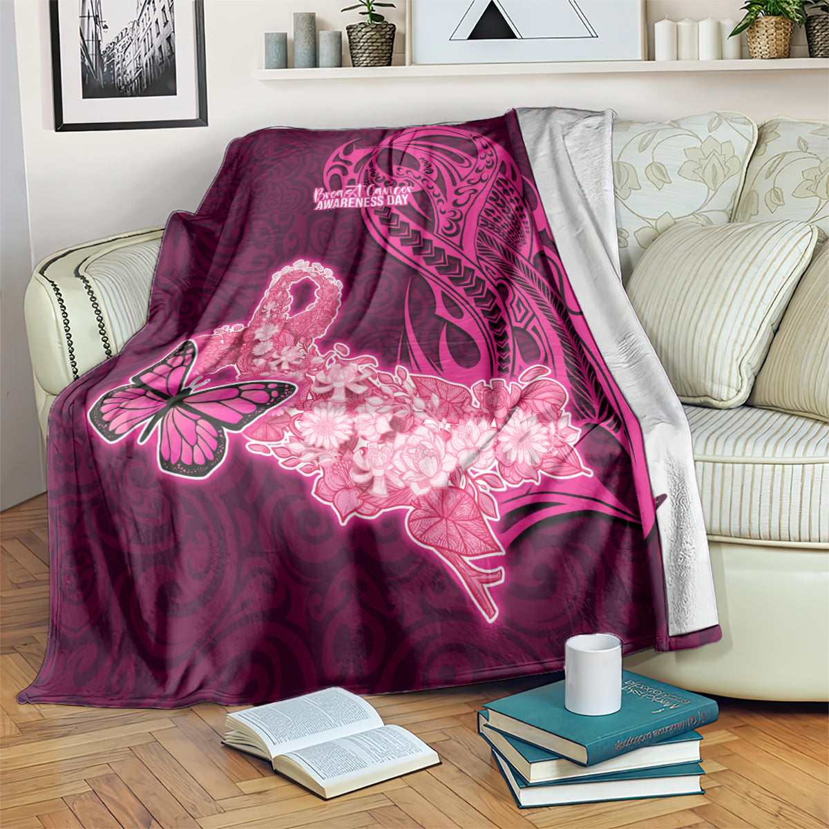 Polynesia Breast Cancer Blanket Butterfly and Flowers Ribbon Maori Tattoo Ethnic Pink Style LT03 - Polynesian Pride