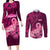 Polynesia Breast Cancer Couples Matching Long Sleeve Bodycon Dress and Long Sleeve Button Shirts Butterfly and Flowers Ribbon Maori Tattoo Ethnic Pink Style LT03 Pink - Polynesian Pride