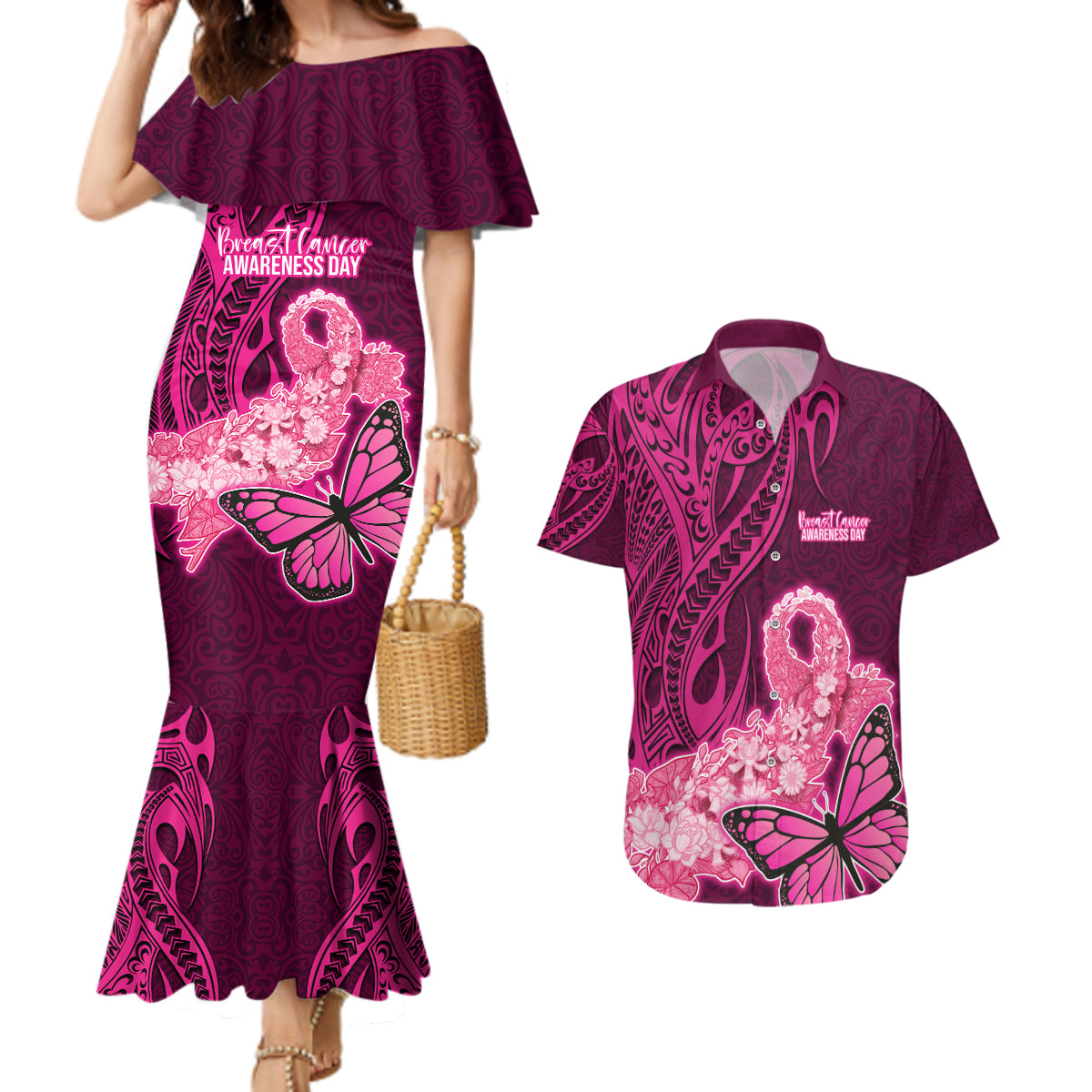 Polynesia Breast Cancer Couples Matching Mermaid Dress and Hawaiian Shirt Butterfly and Flowers Ribbon Maori Tattoo Ethnic Pink Style LT03 Pink - Polynesian Pride