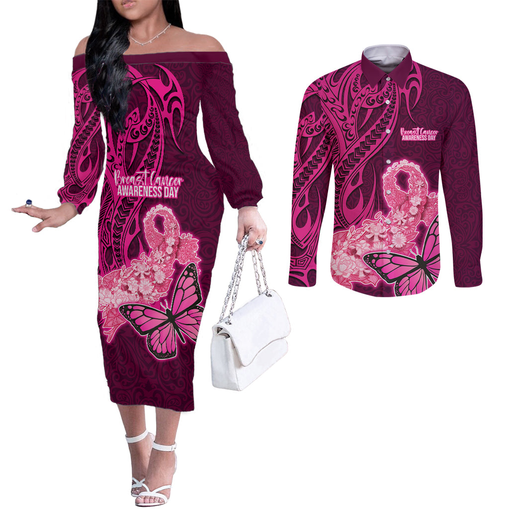 Polynesia Breast Cancer Couples Matching Off The Shoulder Long Sleeve Dress and Long Sleeve Button Shirts Butterfly and Flowers Ribbon Maori Tattoo Ethnic Pink Style LT03 Pink - Polynesian Pride