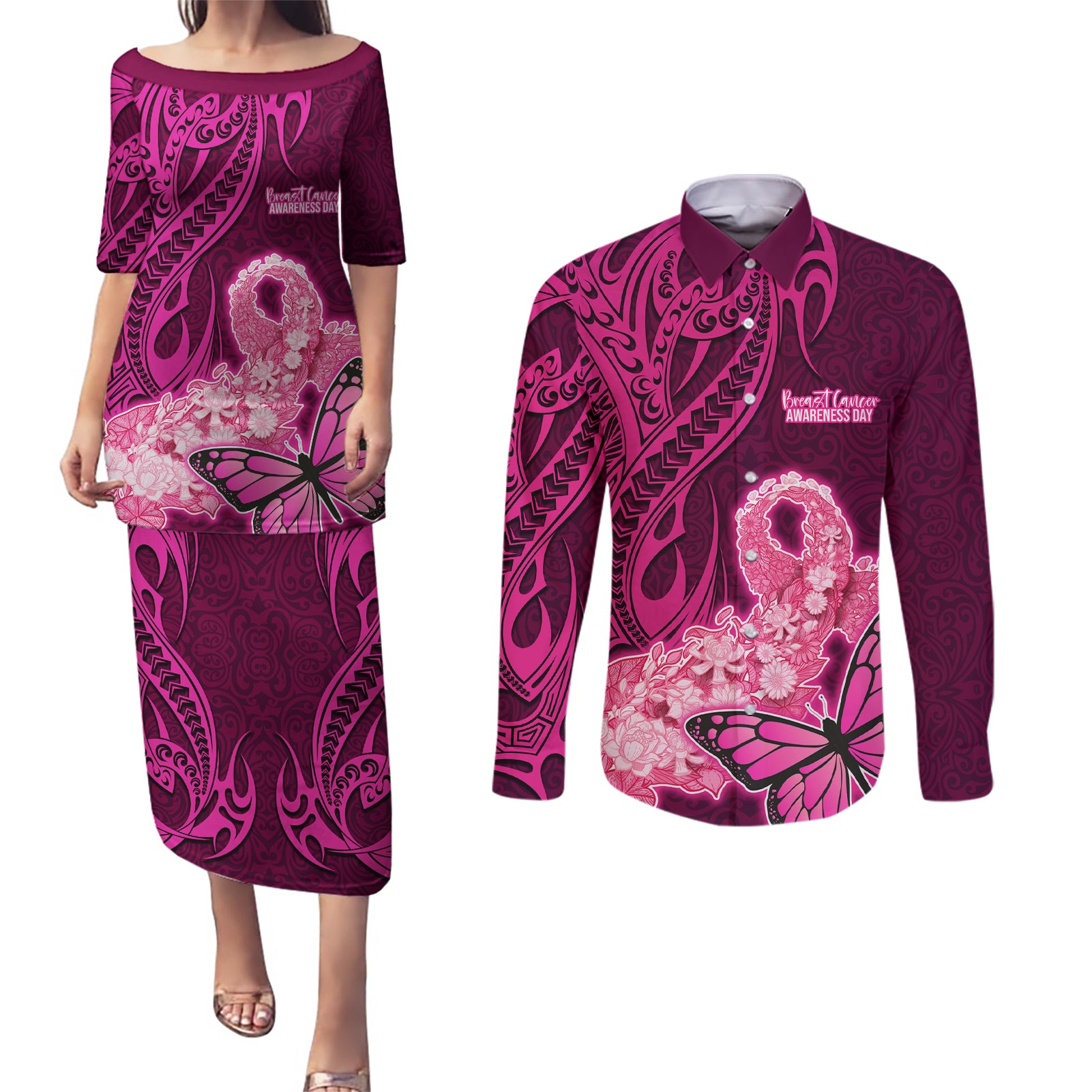 Polynesia Breast Cancer Couples Matching Puletasi Dress and Long Sleeve Button Shirts Butterfly and Flowers Ribbon Maori Tattoo Ethnic Pink Style LT03 Pink - Polynesian Pride