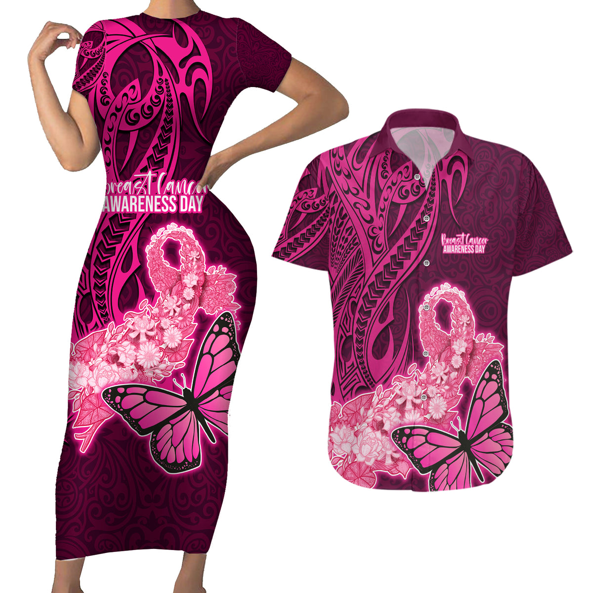Polynesia Breast Cancer Couples Matching Short Sleeve Bodycon Dress and Hawaiian Shirt Butterfly and Flowers Ribbon Maori Tattoo Ethnic Pink Style LT03 Pink - Polynesian Pride