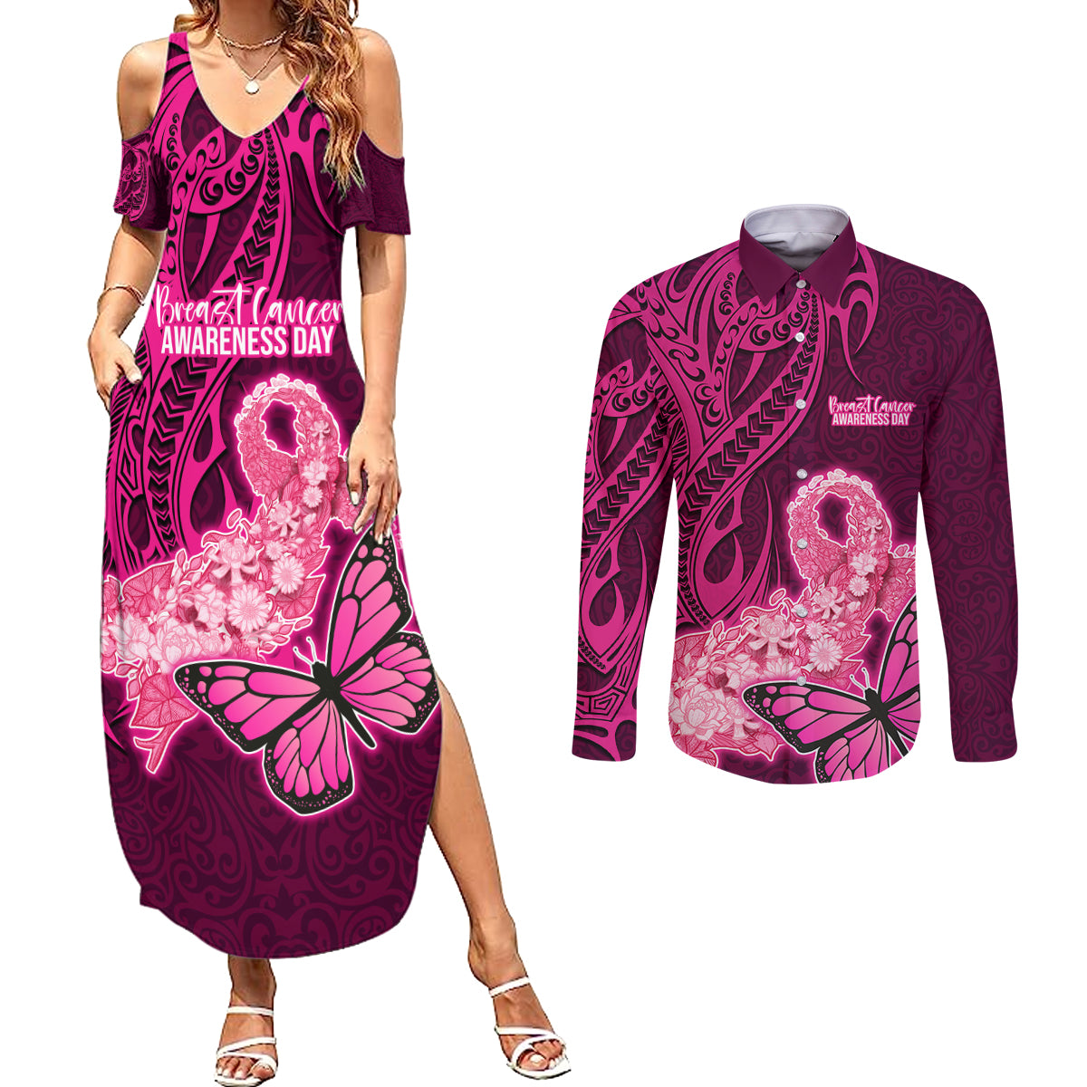 Polynesia Breast Cancer Couples Matching Summer Maxi Dress and Long Sleeve Button Shirts Butterfly and Flowers Ribbon Maori Tattoo Ethnic Pink Style LT03 Pink - Polynesian Pride