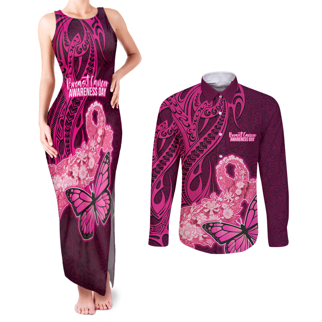 Polynesia Breast Cancer Couples Matching Tank Maxi Dress and Long Sleeve Button Shirts Butterfly and Flowers Ribbon Maori Tattoo Ethnic Pink Style LT03 Pink - Polynesian Pride