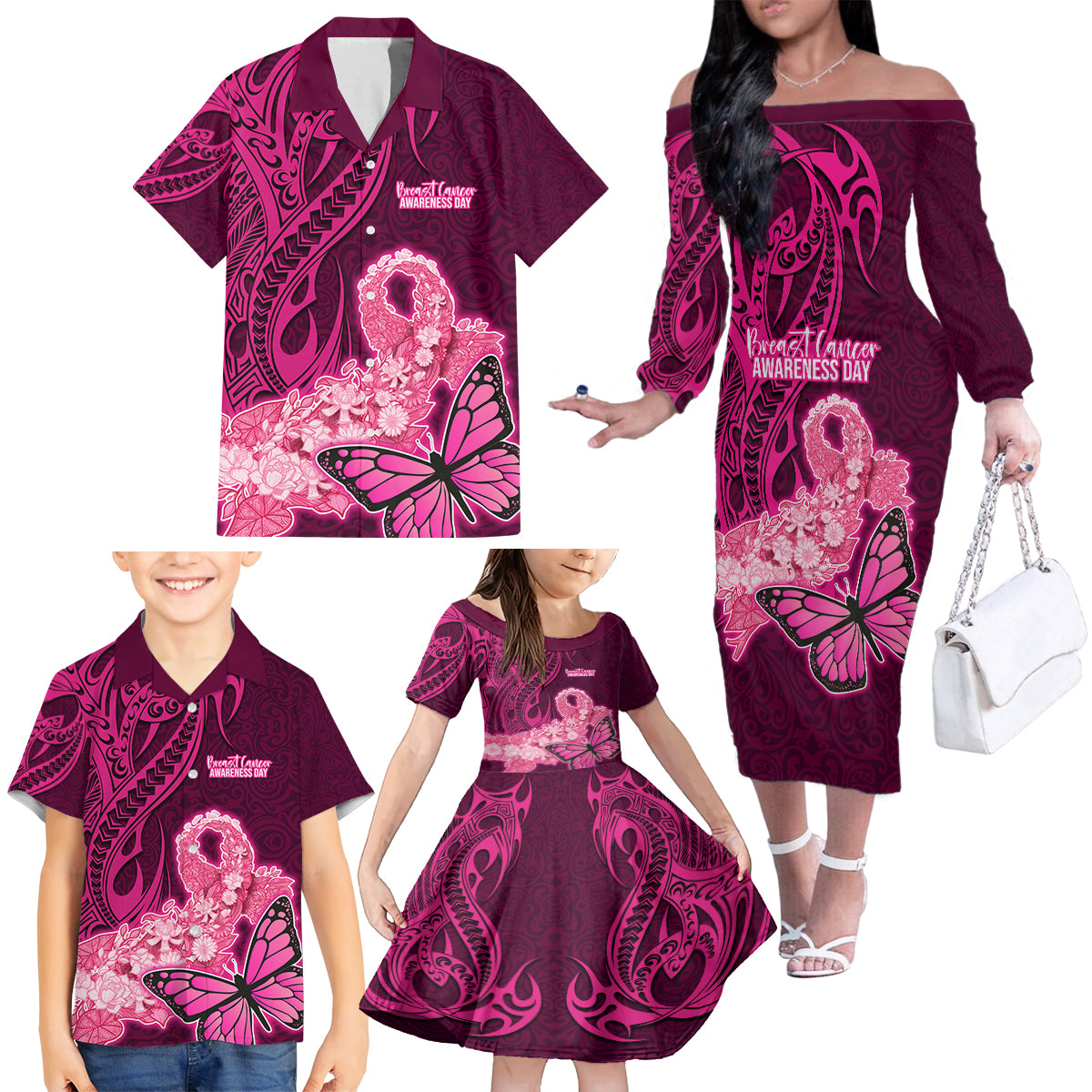 Polynesia Breast Cancer Family Matching Off Shoulder Long Sleeve Dress and Hawaiian Shirt Butterfly and Flowers Ribbon Maori Tattoo Ethnic Pink Style LT03 - Polynesian Pride