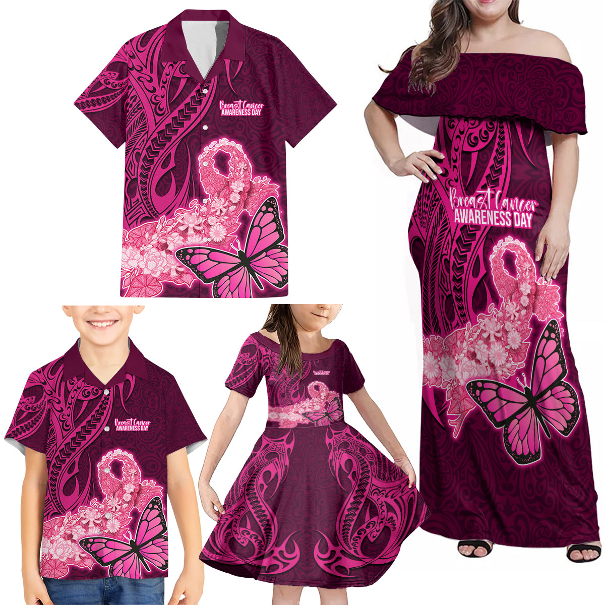 Polynesia Breast Cancer Family Matching Off Shoulder Maxi Dress and Hawaiian Shirt Butterfly and Flowers Ribbon Maori Tattoo Ethnic Pink Style LT03 - Polynesian Pride