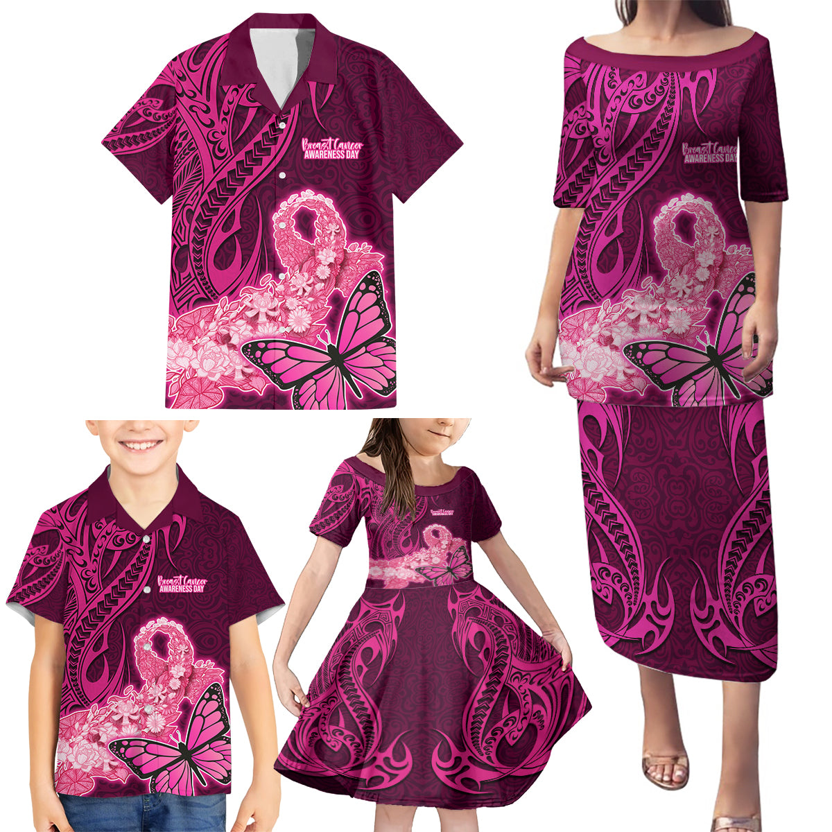 Polynesia Breast Cancer Family Matching Puletasi Dress and Hawaiian Shirt Butterfly and Flowers Ribbon Maori Tattoo Ethnic Pink Style LT03 - Polynesian Pride