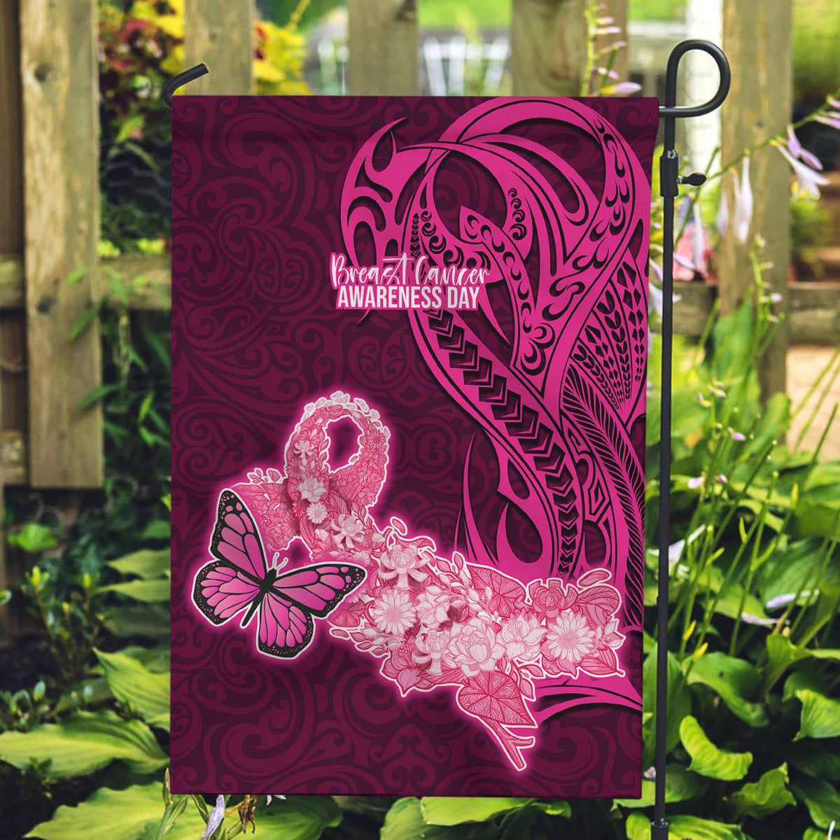 Polynesia Breast Cancer Garden Flag Butterfly and Flowers Ribbon Maori Tattoo Ethnic Pink Style LT03 Garden Flag Pink - Polynesian Pride