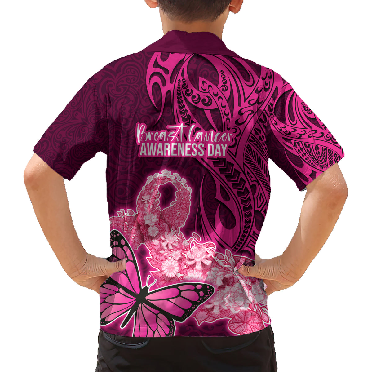 Polynesia Breast Cancer Hawaiian Shirt Butterfly and Flowers Ribbon Maori Tattoo Ethnic Pink Style LT03 - Polynesian Pride