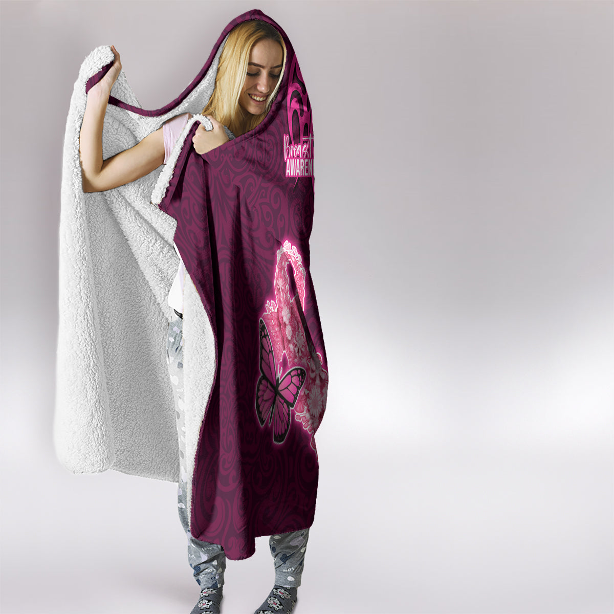 Polynesia Breast Cancer Hooded Blanket Butterfly and Flowers Ribbon Maori Tattoo Ethnic Pink Style LT03 - Polynesian Pride