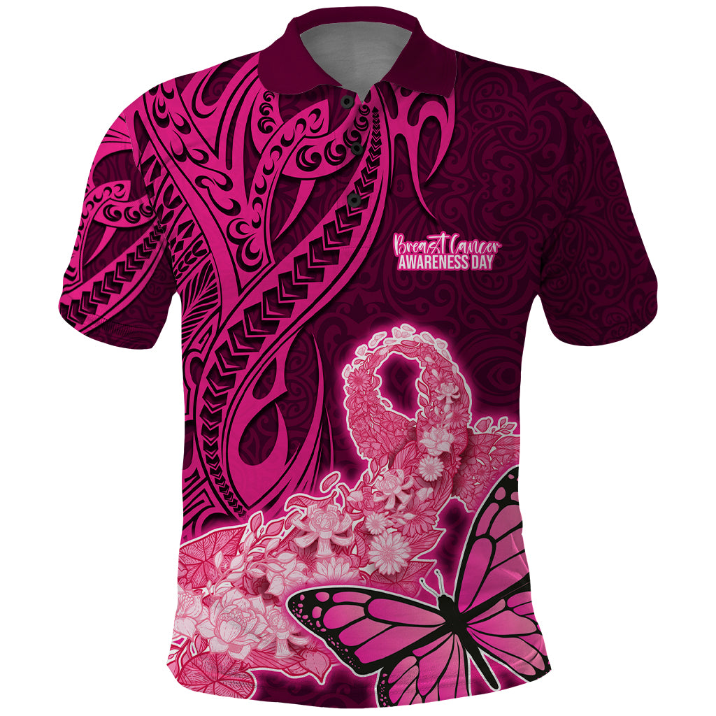 Polynesia Breast Cancer Polo Shirt Butterfly and Flowers Ribbon Maori Tattoo Ethnic Pink Style LT03 Pink - Polynesian Pride