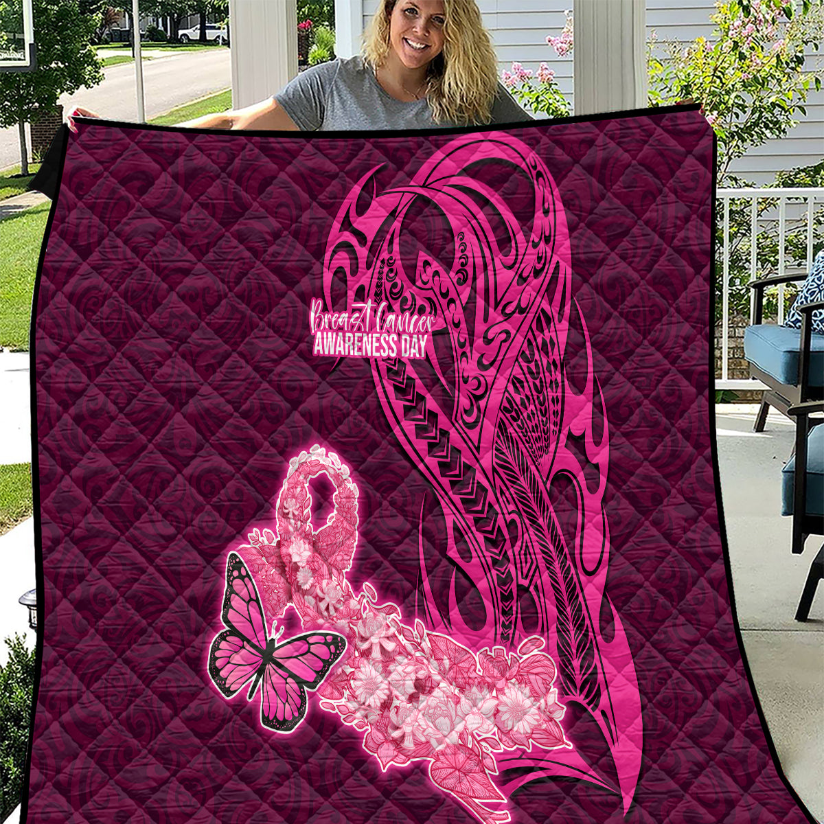 Polynesia Breast Cancer Quilt Butterfly and Flowers Ribbon Maori Tattoo Ethnic Pink Style LT03 Pink - Polynesian Pride