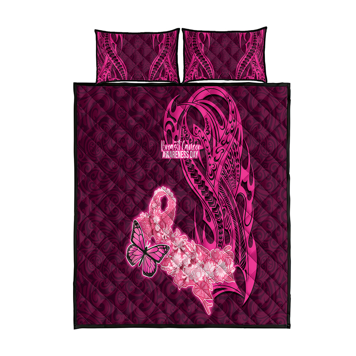 Polynesia Breast Cancer Quilt Bed Set Butterfly and Flowers Ribbon Maori Tattoo Ethnic Pink Style LT03 Pink - Polynesian Pride