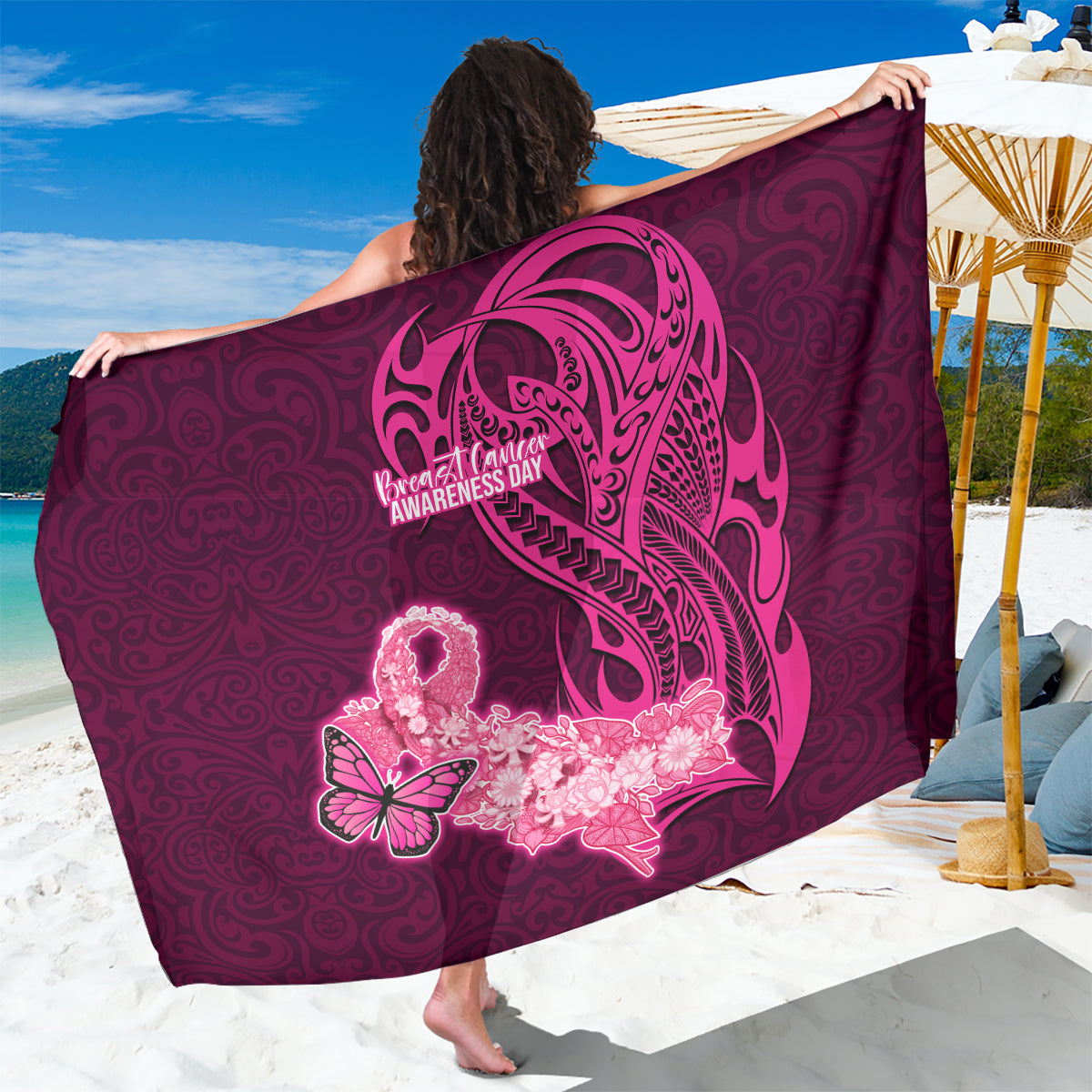 Polynesia Breast Cancer Sarong Butterfly and Flowers Ribbon Maori Tattoo Ethnic Pink Style LT03 One Size 44 x 66 inches Pink - Polynesian Pride