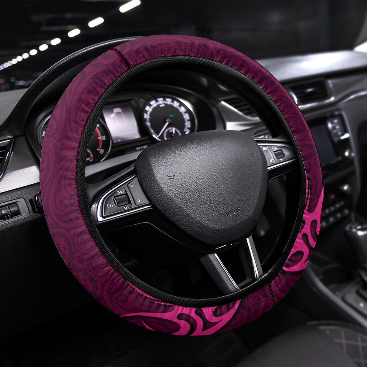 Polynesia Breast Cancer Steering Wheel Cover Butterfly and Flowers Ribbon Maori Tattoo Ethnic Pink Style