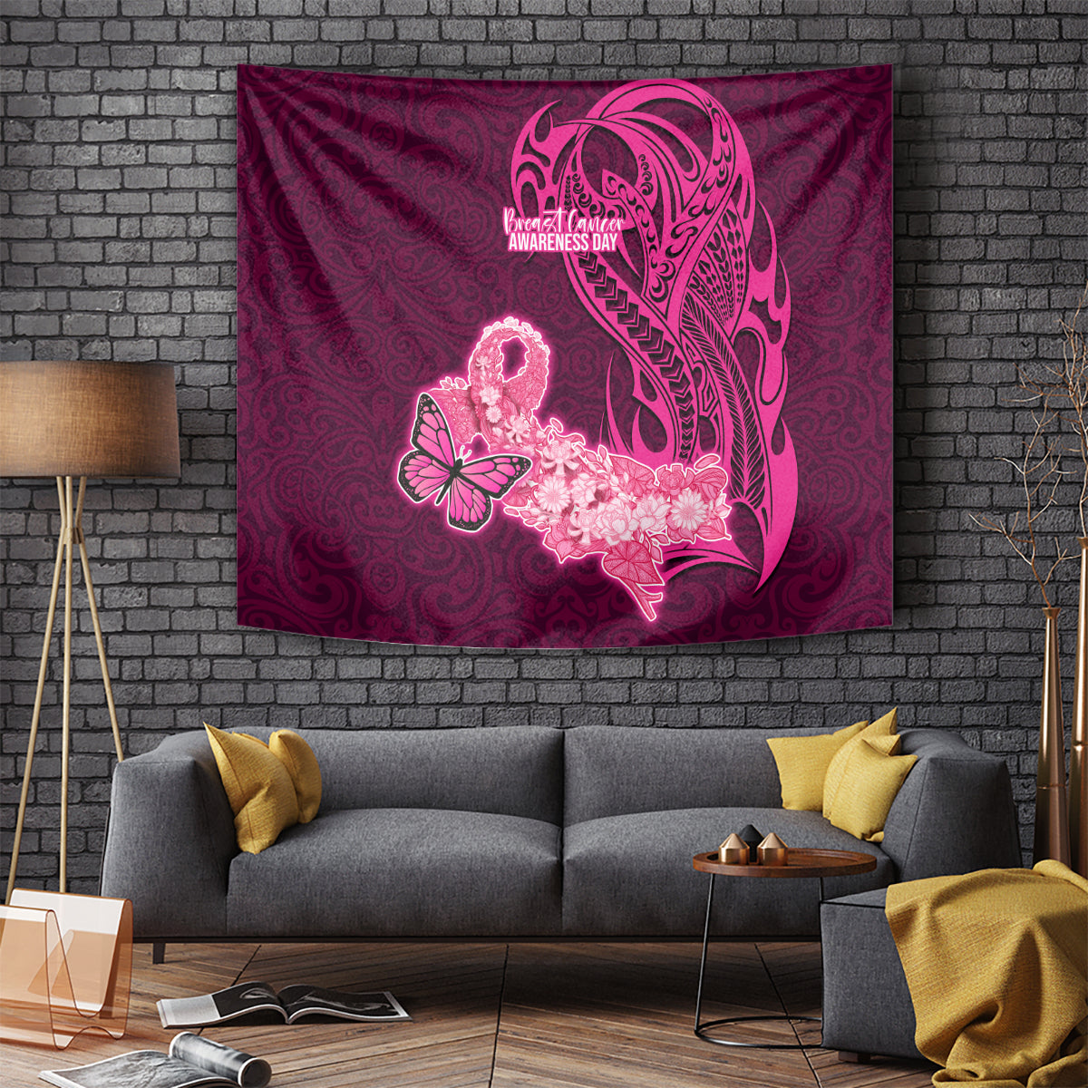 Polynesia Breast Cancer Tapestry Butterfly and Flowers Ribbon Maori Tattoo Ethnic Pink Style LT03 Pink - Polynesian Pride