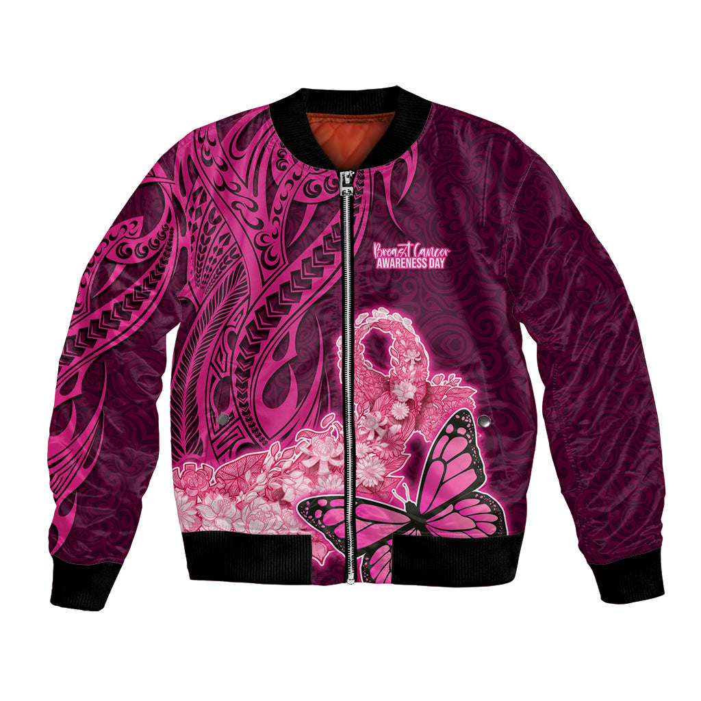 Custom Polynesia Breast Cancer Bomber Jacket Butterfly and Flowers Ribbon Maori Tattoo Ethnic Pink Style LT03 Unisex Pink - Polynesian Pride