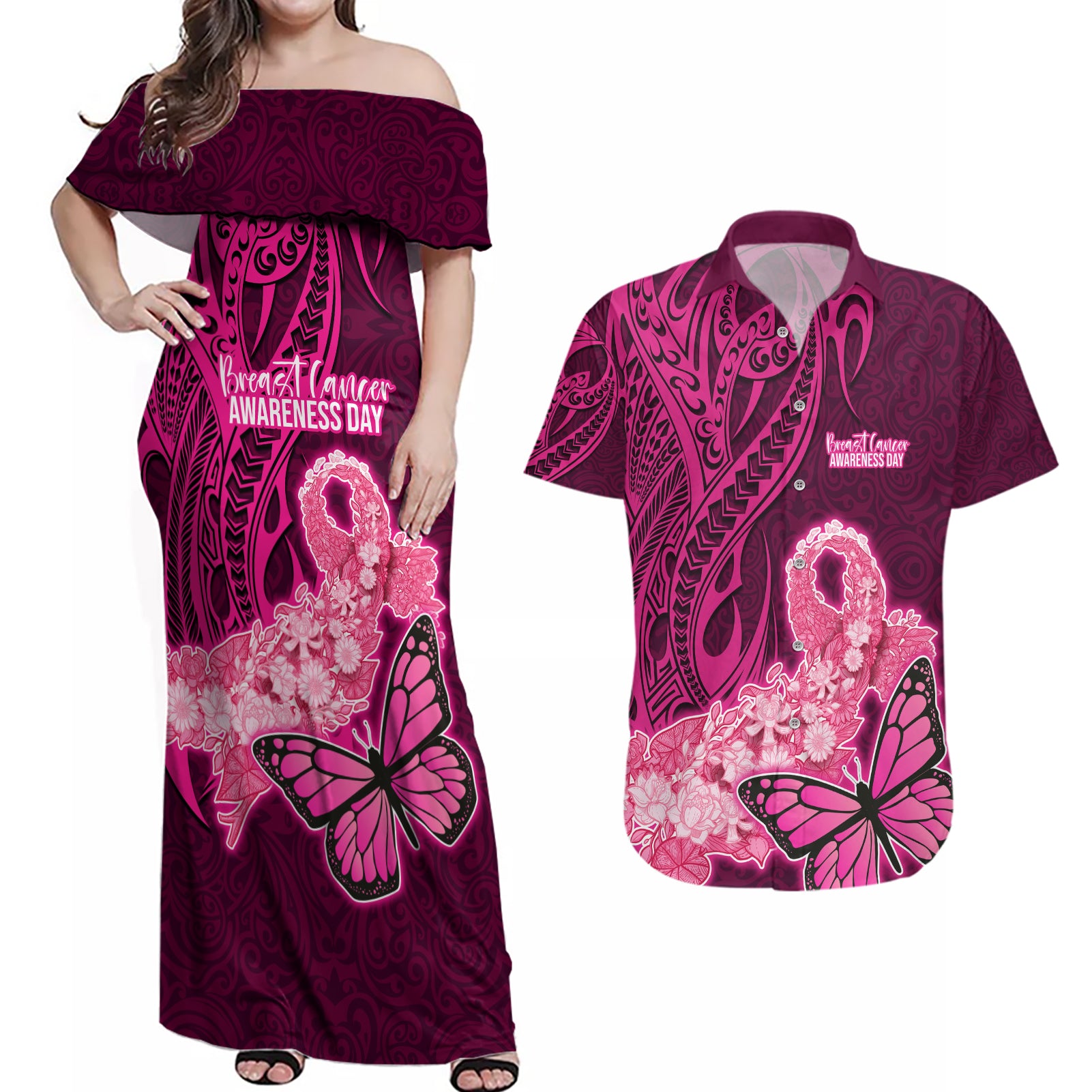 Custom Polynesia Breast Cancer Couples Matching Off Shoulder Maxi Dress and Hawaiian Shirt Butterfly and Flowers Ribbon Maori Tattoo Ethnic Pink Style LT03 Pink - Polynesian Pride