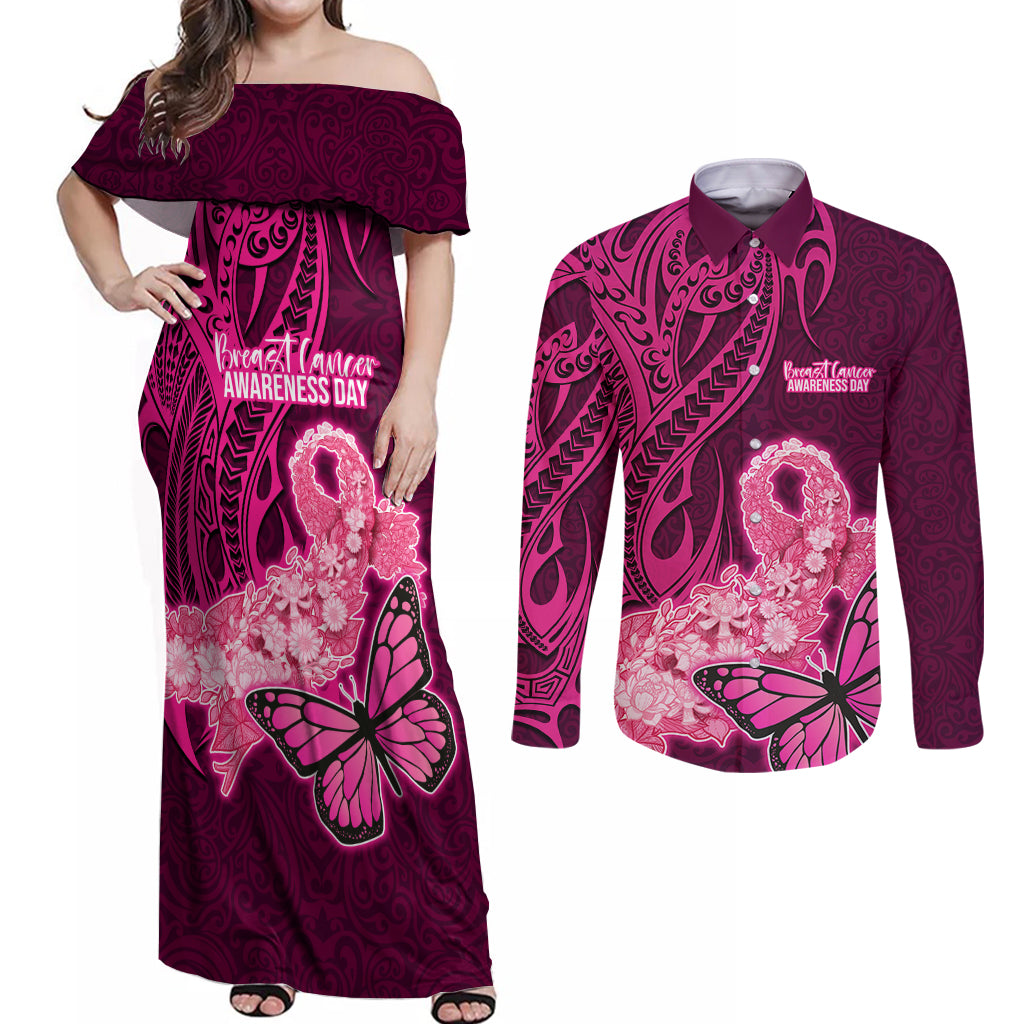 Custom Polynesia Breast Cancer Couples Matching Off Shoulder Maxi Dress and Long Sleeve Button Shirts Butterfly and Flowers Ribbon Maori Tattoo Ethnic Pink Style LT03 Pink - Polynesian Pride