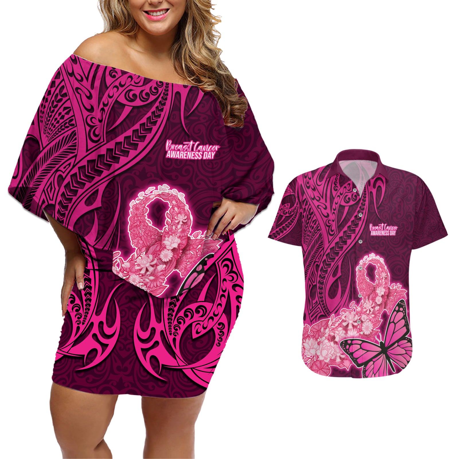 Custom Polynesia Breast Cancer Couples Matching Off Shoulder Short Dress and Hawaiian Shirt Butterfly and Flowers Ribbon Maori Tattoo Ethnic Pink Style LT03 Pink - Polynesian Pride