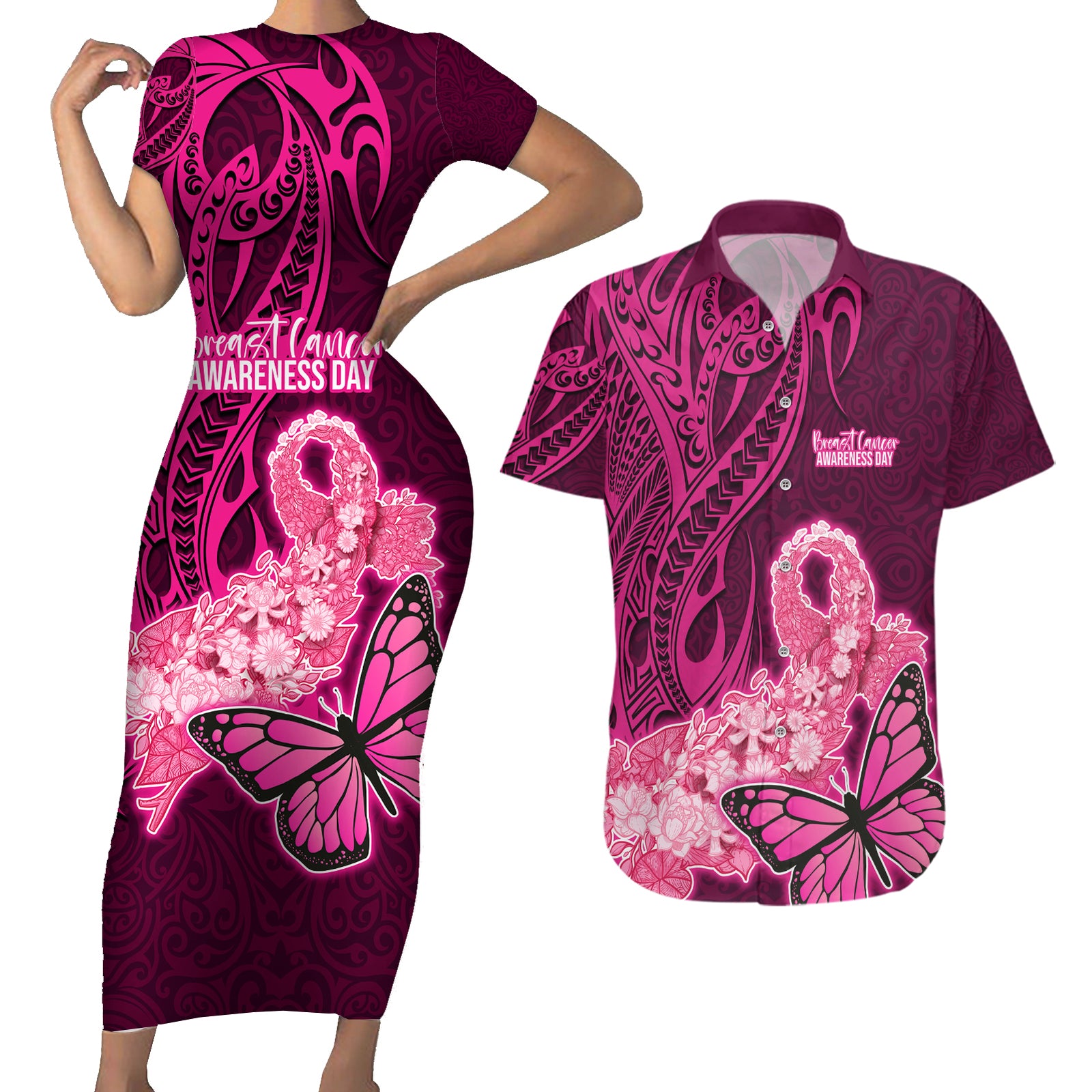 Custom Polynesia Breast Cancer Couples Matching Short Sleeve Bodycon Dress and Hawaiian Shirt Butterfly and Flowers Ribbon Maori Tattoo Ethnic Pink Style LT03 Pink - Polynesian Pride