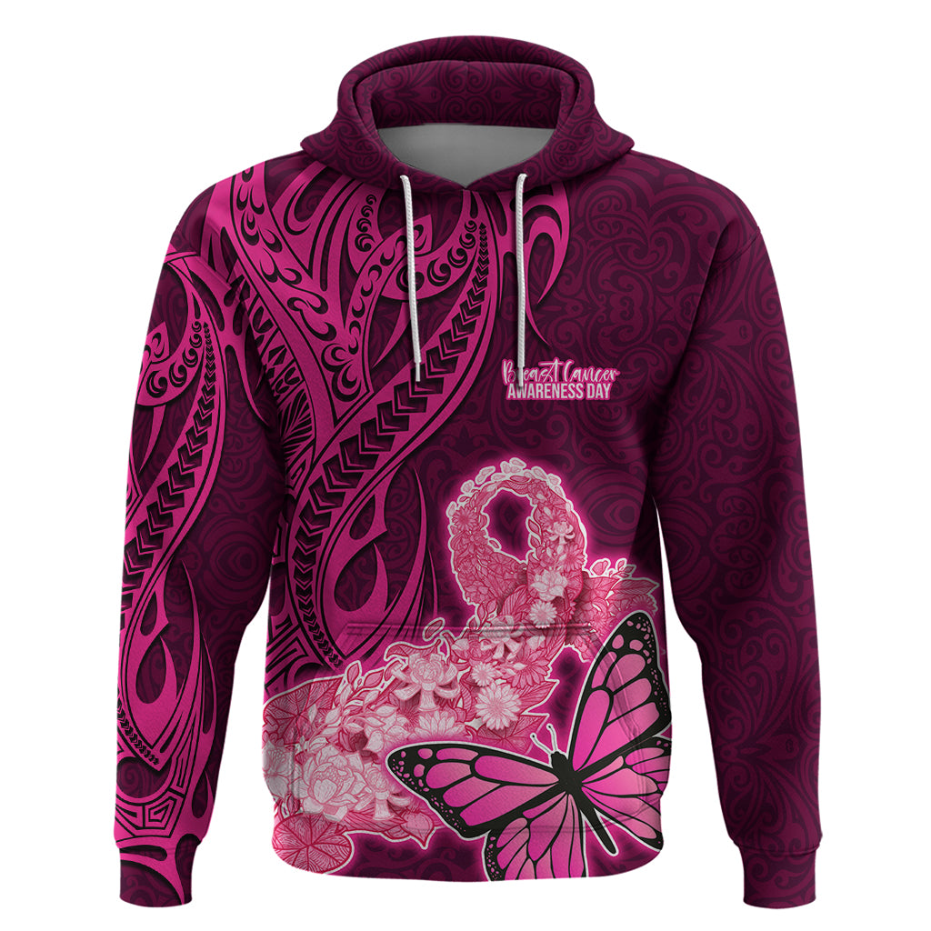 Custom Polynesia Breast Cancer Hoodie Butterfly and Flowers Ribbon Maori Tattoo Ethnic Pink Style LT03 Pullover Hoodie Pink - Polynesian Pride