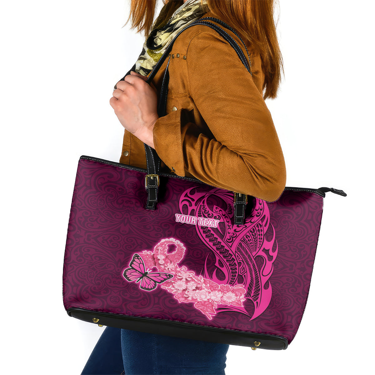 Custom Polynesia Breast Cancer Leather Tote Bag Butterfly and Flowers Ribbon Maori Tattoo Ethnic Pink Style LT03 Pink - Polynesian Pride