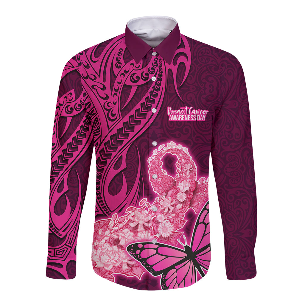 Custom Polynesia Breast Cancer Long Sleeve Button Shirt Butterfly and Flowers Ribbon Maori Tattoo Ethnic Pink Style LT03 Unisex Pink - Polynesian Pride