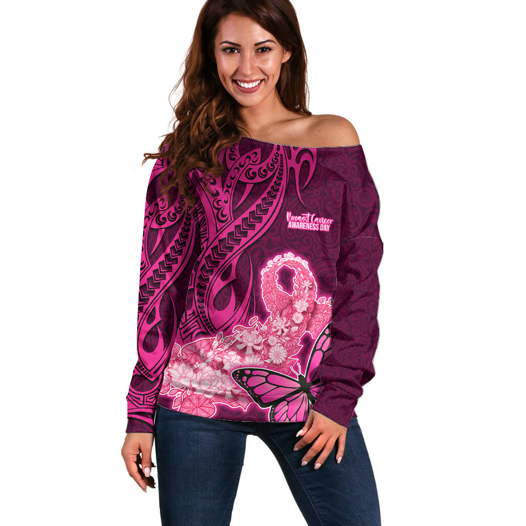 Custom Polynesia Breast Cancer Off Shoulder Sweater Butterfly and Flowers Ribbon Maori Tattoo Ethnic Pink Style LT03 Women Pink - Polynesian Pride