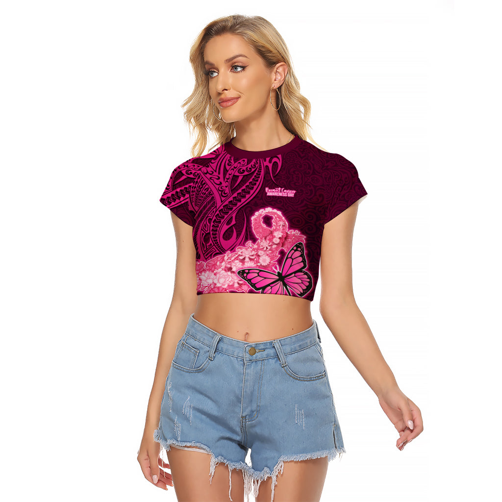 Custom Polynesia Breast Cancer Raglan Cropped T Shirt Butterfly and Flowers Ribbon Maori Tattoo Ethnic Pink Style LT03 Female Pink - Polynesian Pride