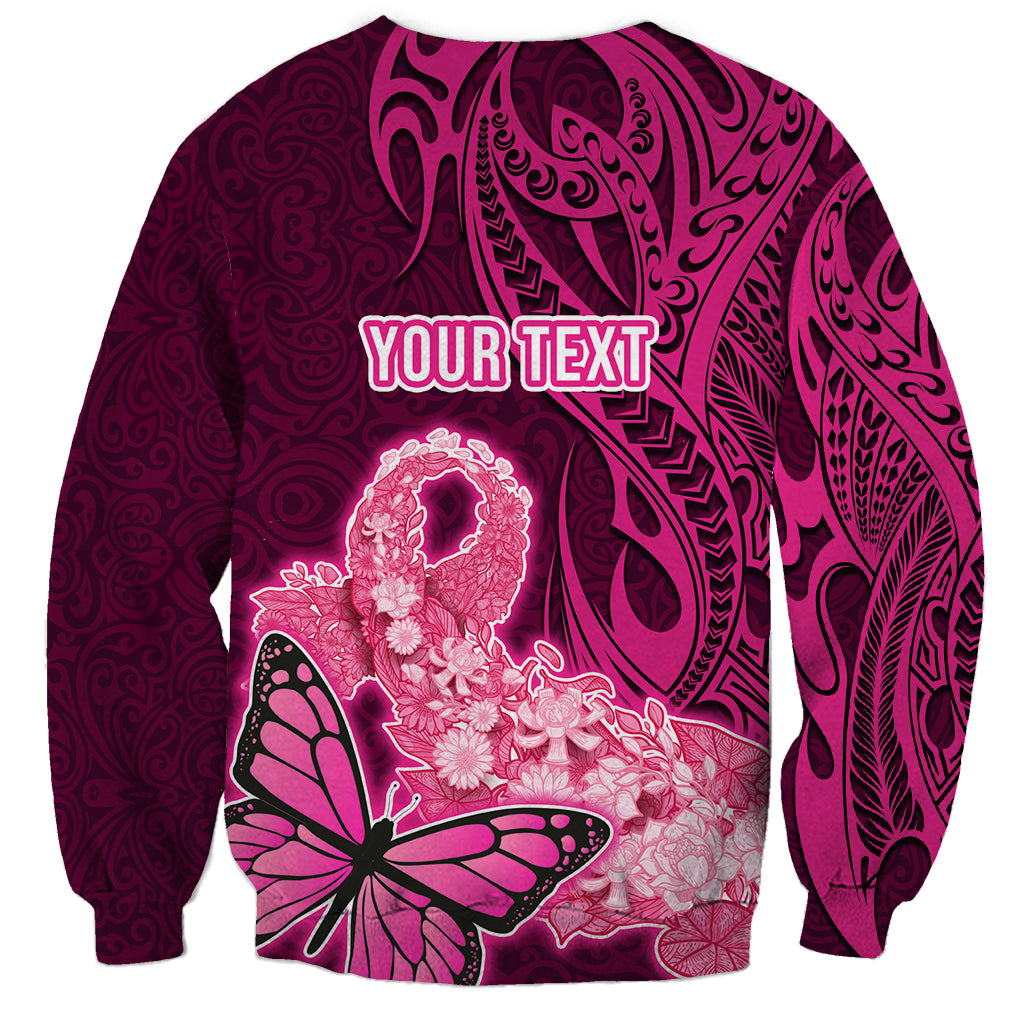 Custom Polynesia Breast Cancer Sweatshirt Butterfly and Flowers Ribbon Maori Tattoo Ethnic Pink Style LT03 - Polynesian Pride