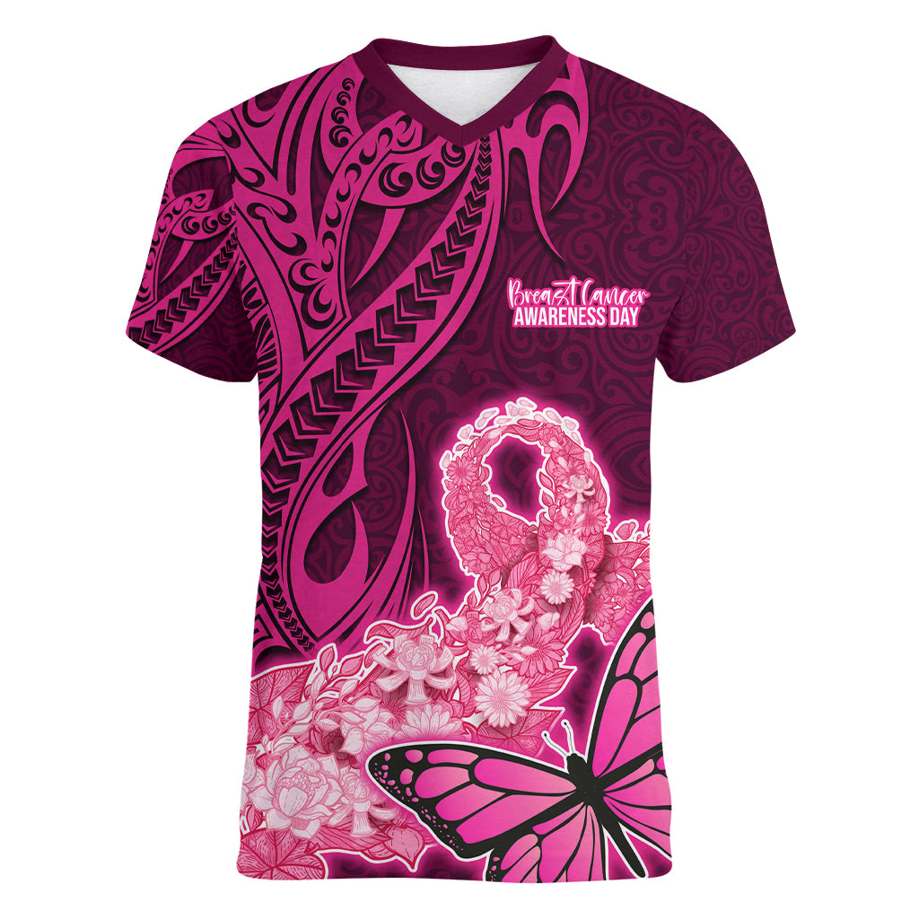 Custom Polynesia Breast Cancer Women V Neck T Shirt Butterfly and Flowers Ribbon Maori Tattoo Ethnic Pink Style LT03 Female Pink - Polynesian Pride