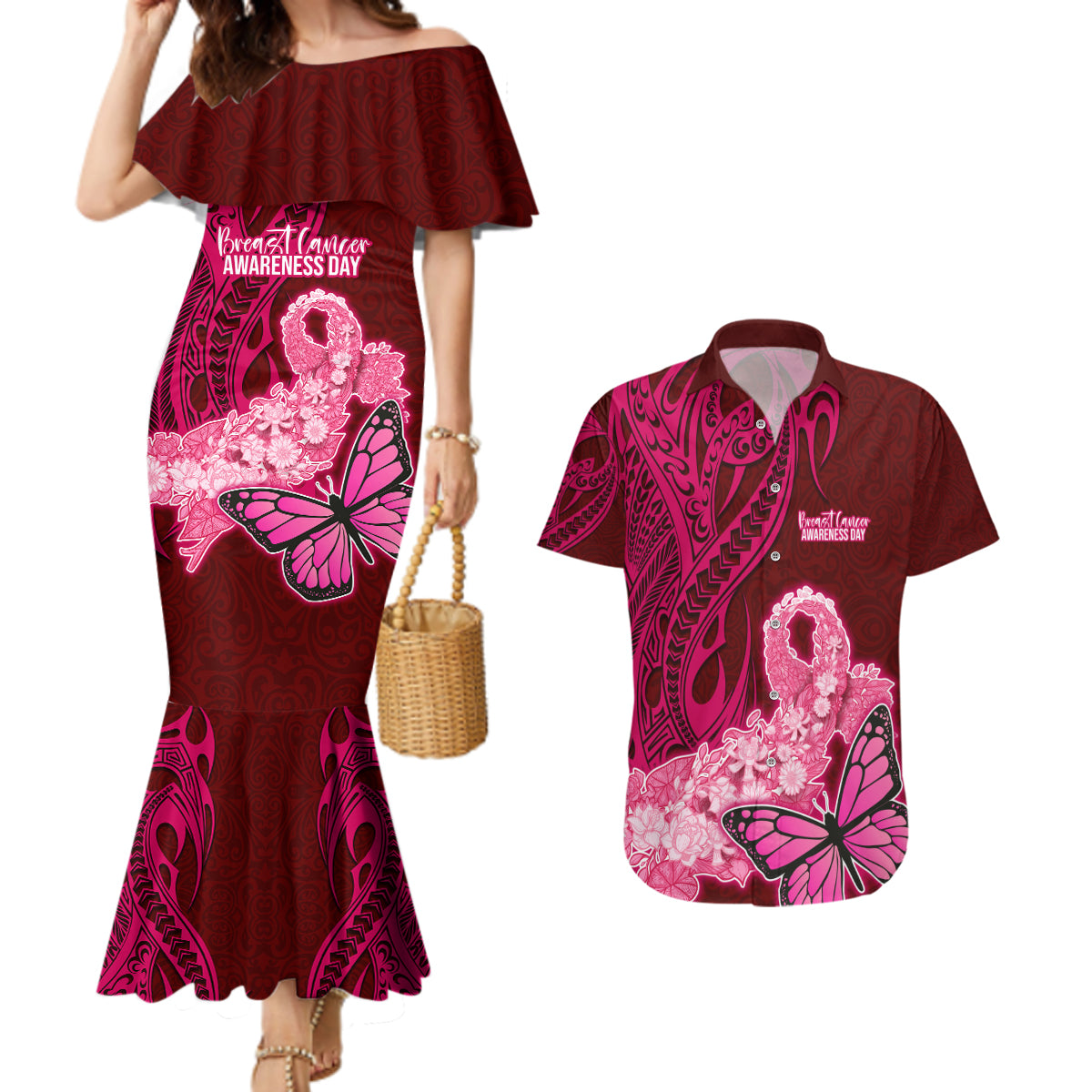 Polynesia Breast Cancer Couples Matching Mermaid Dress and Hawaiian Shirt Butterfly and Flowers Ribbon Maori Tattoo Ethnic Red Style LT03 Red - Polynesian Pride