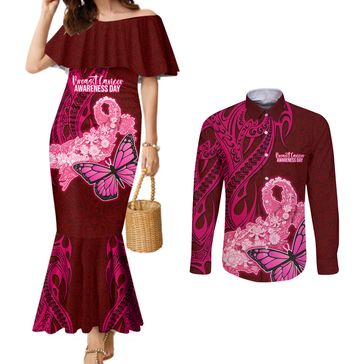 Polynesia Breast Cancer Couples Matching Mermaid Dress and Long Sleeve Button Shirts Butterfly and Flowers Ribbon Maori Tattoo Ethnic Red Style LT03 Red - Polynesian Pride