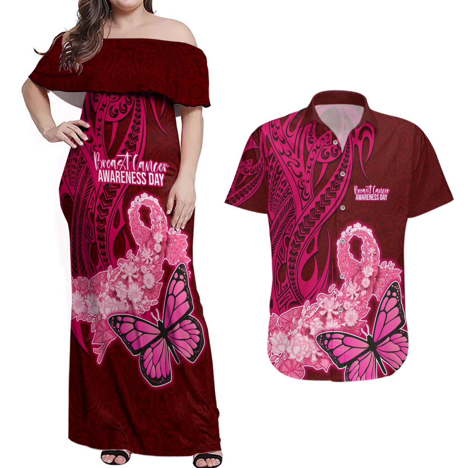 Polynesia Breast Cancer Couples Matching Off Shoulder Maxi Dress and Hawaiian Shirt Butterfly and Flowers Ribbon Maori Tattoo Ethnic Red Style LT03 Red - Polynesian Pride