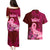 Polynesia Breast Cancer Couples Matching Puletasi Dress and Hawaiian Shirt Butterfly and Flowers Ribbon Maori Tattoo Ethnic Red Style LT03 - Polynesian Pride