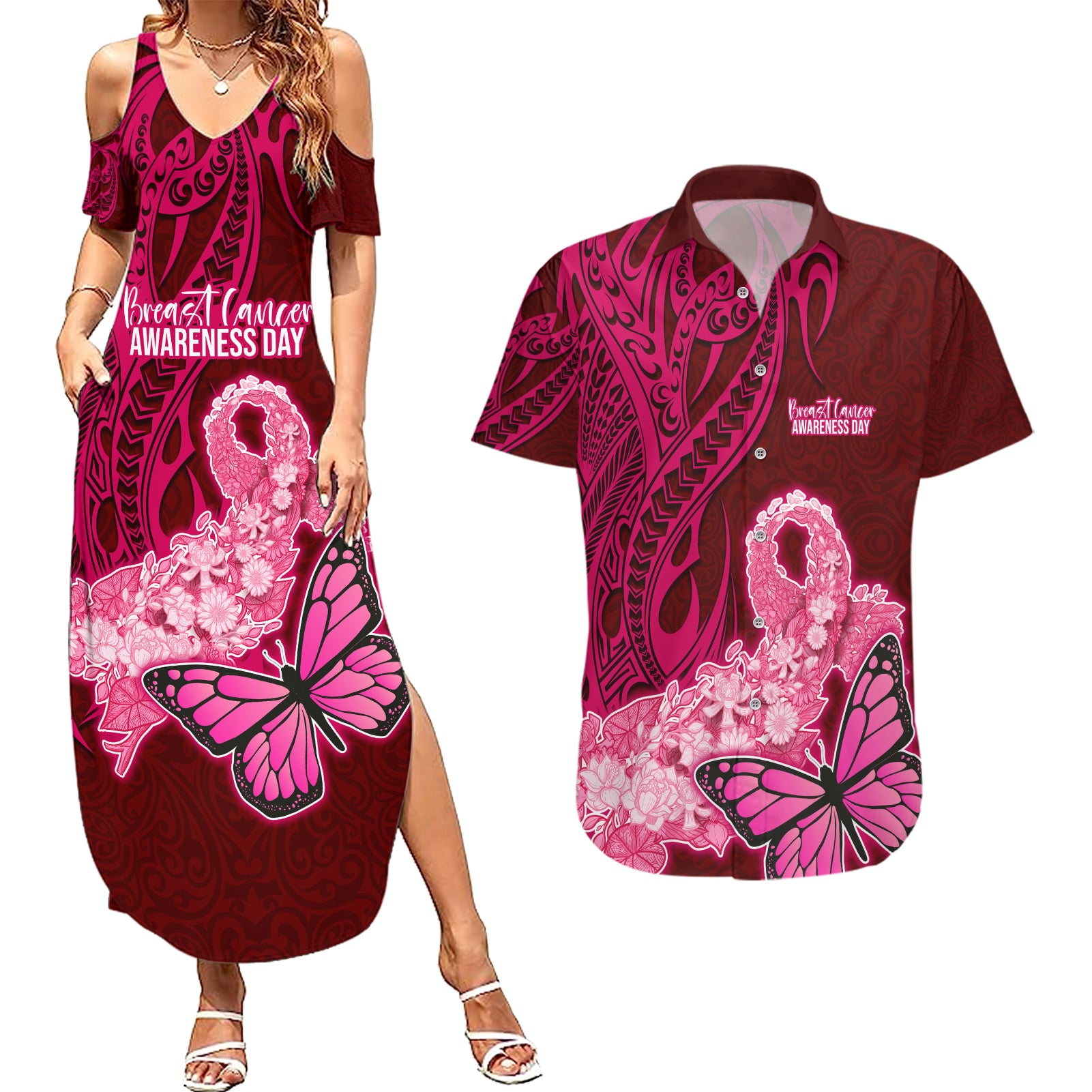 Polynesia Breast Cancer Couples Matching Summer Maxi Dress and Hawaiian Shirt Butterfly and Flowers Ribbon Maori Tattoo Ethnic Red Style LT03 Red - Polynesian Pride