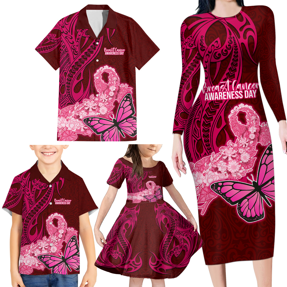 Polynesia Breast Cancer Family Matching Long Sleeve Bodycon Dress and Hawaiian Shirt Butterfly and Flowers Ribbon Maori Tattoo Ethnic Red Style LT03 - Polynesian Pride