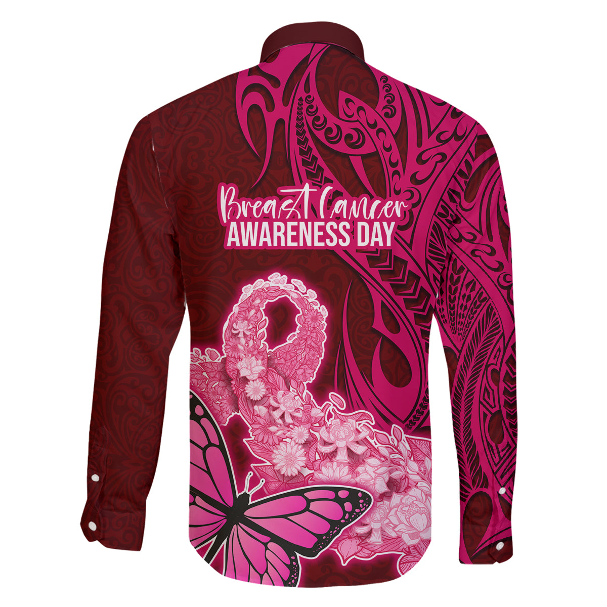 Polynesia Breast Cancer Family Matching Mermaid Dress and Hawaiian Shirt Butterfly and Flowers Ribbon Maori Tattoo Ethnic Red Style LT03 - Polynesian Pride