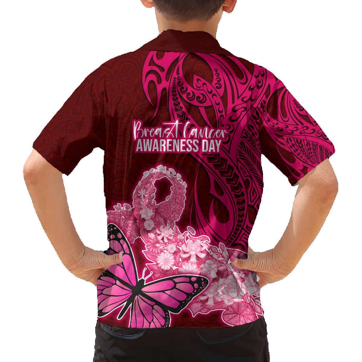 Polynesia Breast Cancer Family Matching Off Shoulder Long Sleeve Dress and Hawaiian Shirt Butterfly and Flowers Ribbon Maori Tattoo Ethnic Red Style LT03 - Polynesian Pride