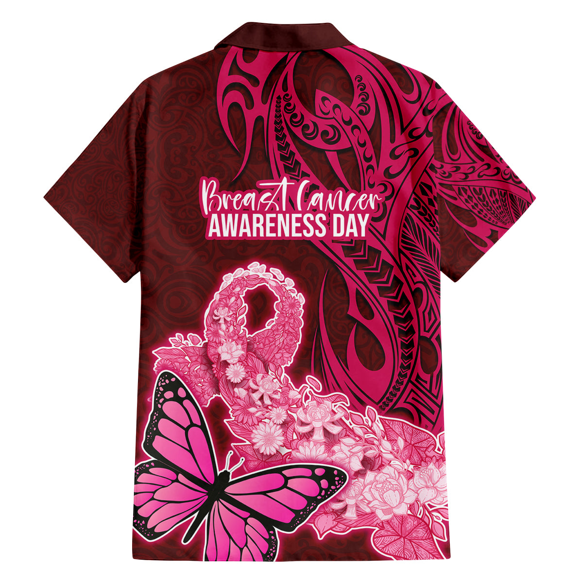Polynesia Breast Cancer Family Matching Off Shoulder Long Sleeve Dress and Hawaiian Shirt Butterfly and Flowers Ribbon Maori Tattoo Ethnic Red Style LT03 - Polynesian Pride