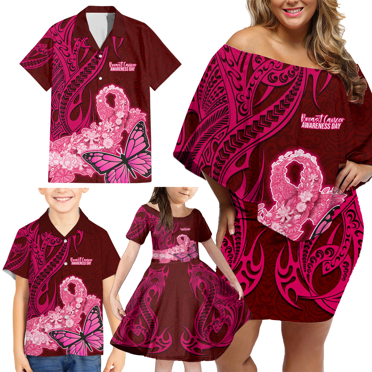 Polynesia Breast Cancer Family Matching Off Shoulder Short Dress and Hawaiian Shirt Butterfly and Flowers Ribbon Maori Tattoo Ethnic Red Style LT03 - Polynesian Pride