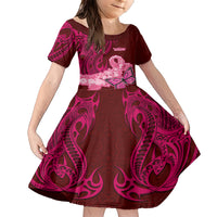 Polynesia Breast Cancer Family Matching Short Sleeve Bodycon Dress and Hawaiian Shirt Butterfly and Flowers Ribbon Maori Tattoo Ethnic Red Style LT03 Daughter's Dress Red - Polynesian Pride