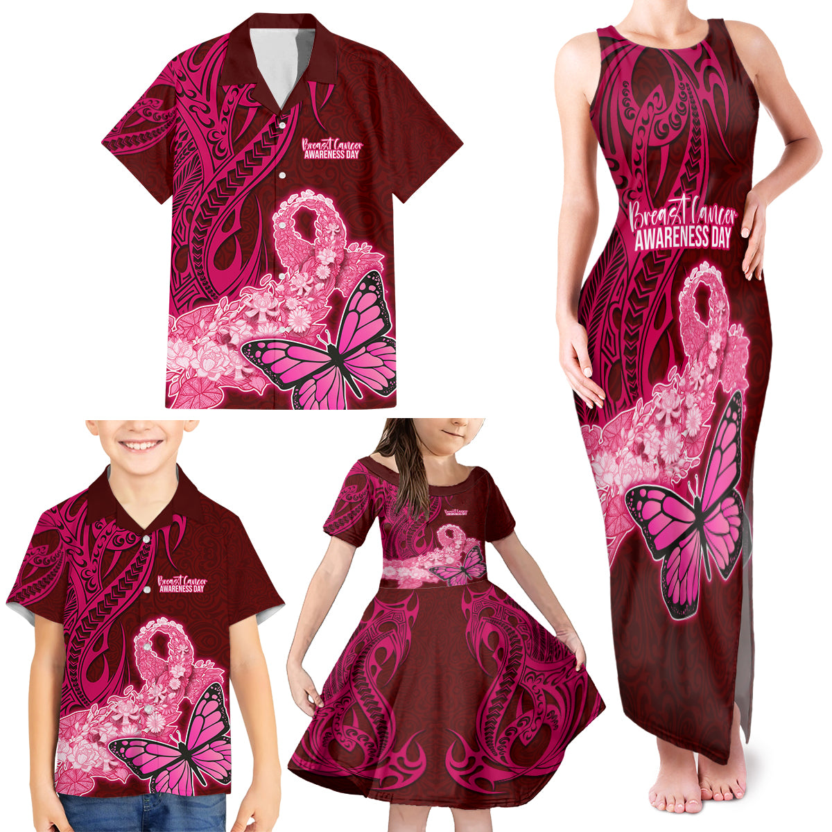 Polynesia Breast Cancer Family Matching Tank Maxi Dress and Hawaiian Shirt Butterfly and Flowers Ribbon Maori Tattoo Ethnic Red Style LT03 - Polynesian Pride