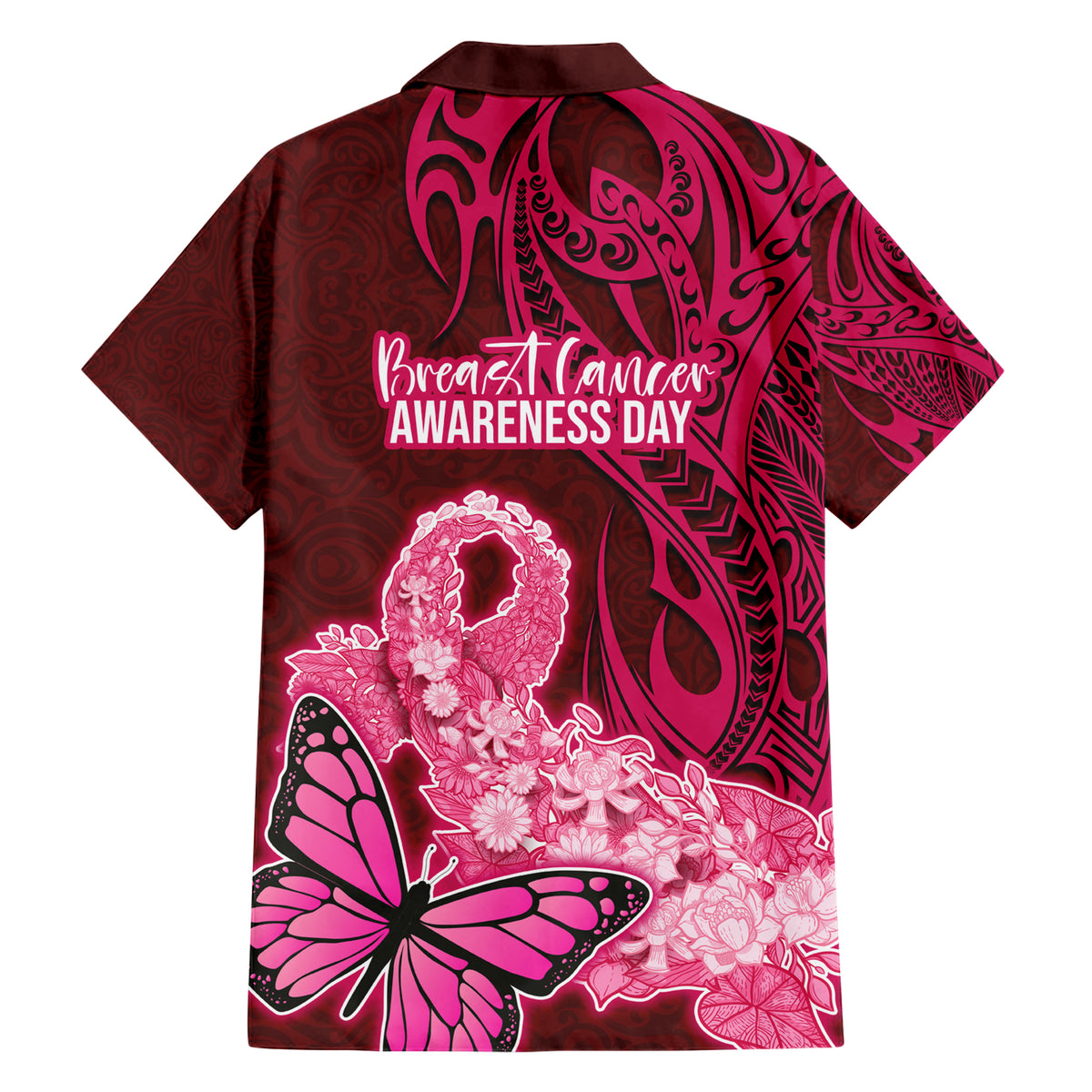Polynesia Breast Cancer Hawaiian Shirt Butterfly and Flowers Ribbon Maori Tattoo Ethnic Red Style LT03 - Polynesian Pride