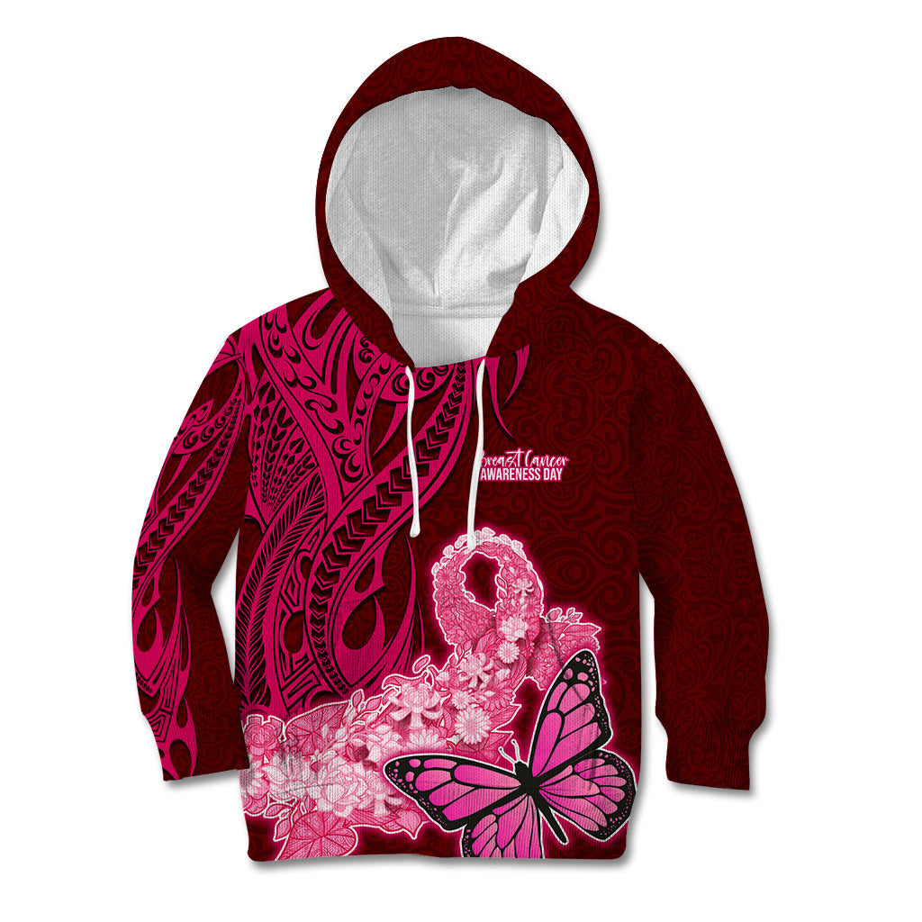 Polynesia Breast Cancer Kid Hoodie Butterfly and Flowers Ribbon Maori Tattoo Ethnic Red Style LT03 Hoodie Red - Polynesian Pride