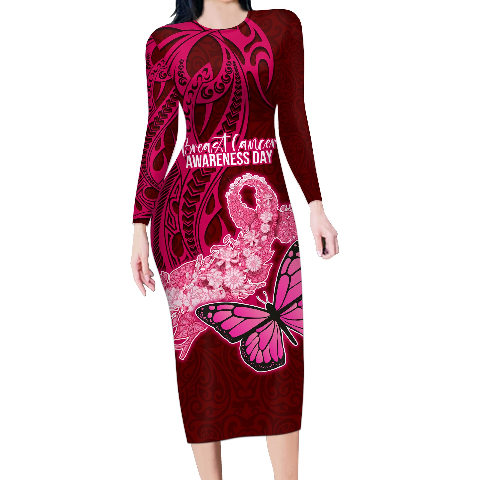 Polynesia Breast Cancer Long Sleeve Bodycon Dress Butterfly and Flowers Ribbon Maori Tattoo Ethnic Red Style LT03 Long Dress Red - Polynesian Pride