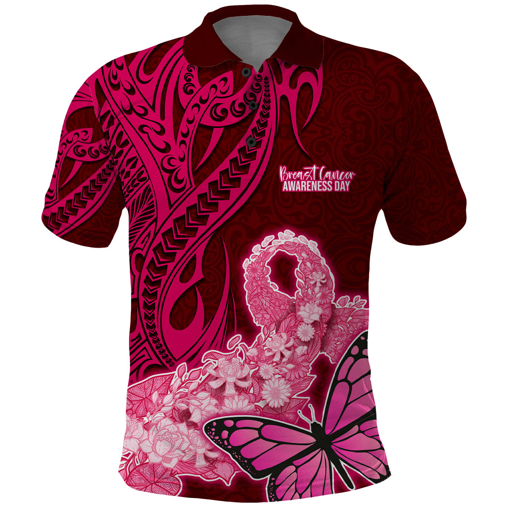 Polynesia Breast Cancer Polo Shirt Butterfly and Flowers Ribbon Maori Tattoo Ethnic Red Style LT03 Red - Polynesian Pride