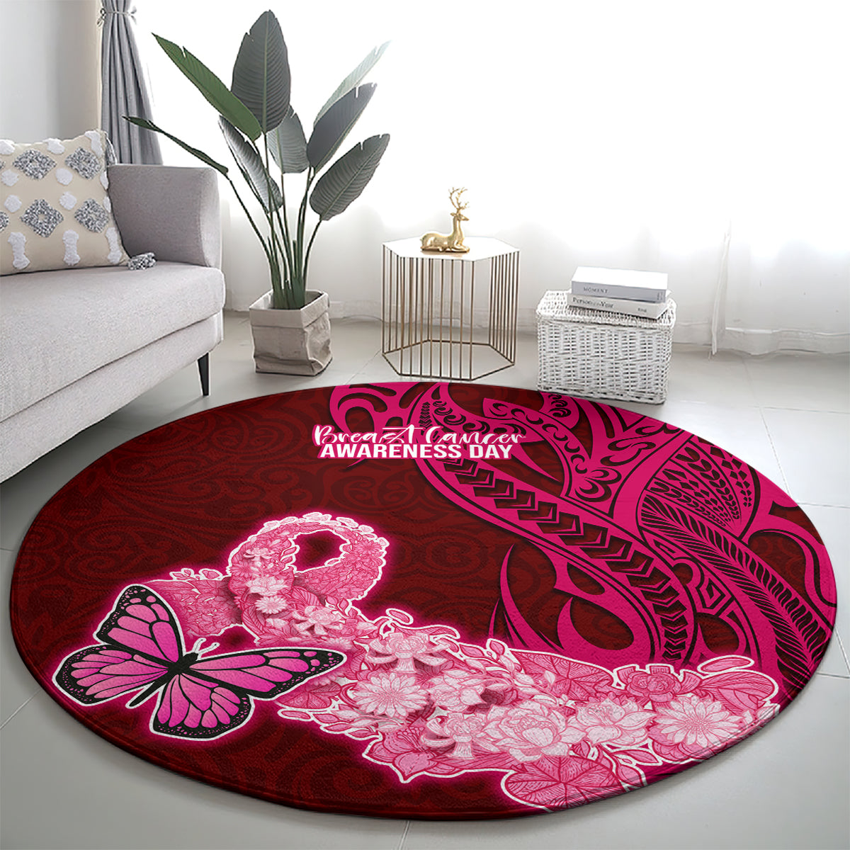 Polynesia Breast Cancer Round Carpet Butterfly and Flowers Ribbon Maori Tattoo Ethnic Red Style LT03 - Polynesian Pride